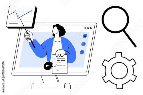 Presenter gesturing to chart on screen inside digital interface. Search magnifier, gear element included. Ideal for business, education, remote work, webinars, analytics, marketing simple landing