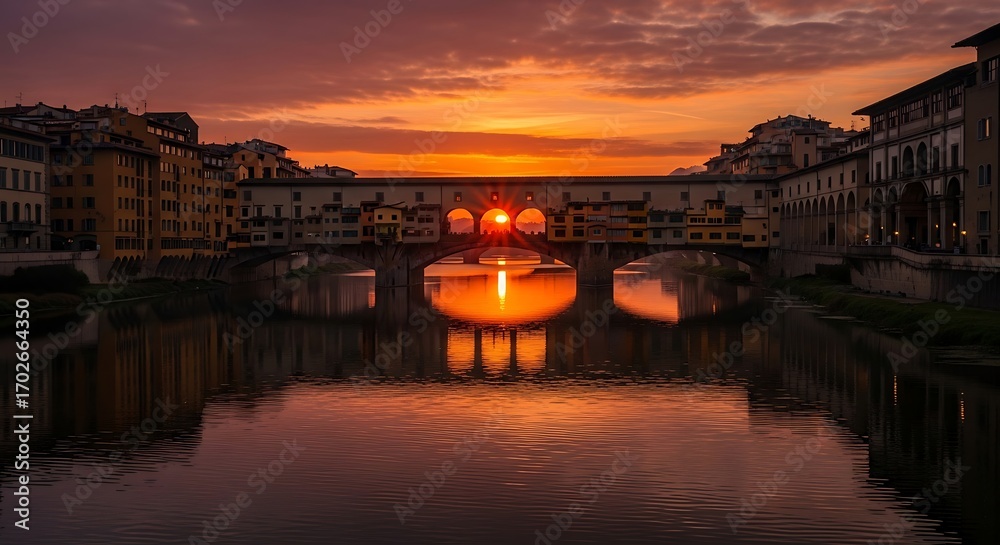 Obraz premium Stunning Sunset Reflection of Ponte Vecchio Bridge in Florence Italy.