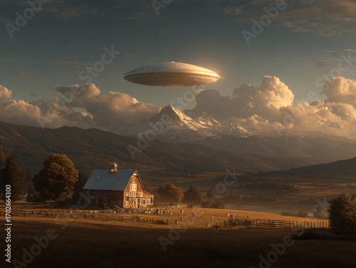 a rural scene with a large, metallic, flying saucer-like object hovering above a farm house and fenced fields. The backdrop features majestic snow-capped mountains under a partly cloudy sky.