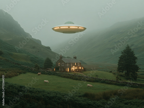 a rural scene with a large, metallic, flying saucer-like object hovering above a farm house and fenced fields. The backdrop features majestic snow-capped mountains under a partly cloudy sky.