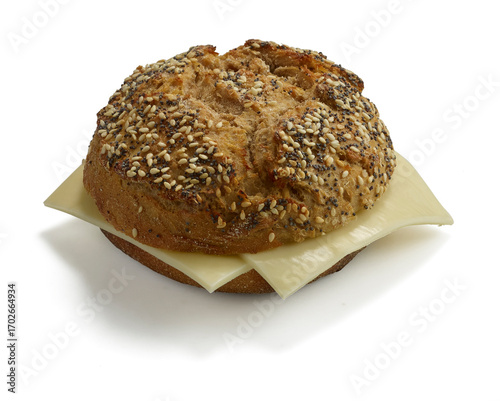 Seeded roll with cheese slice isolated on white background studio shot