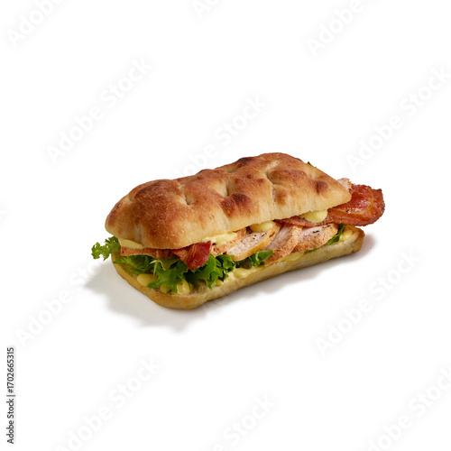 Delicious chicken bacon lettuce and cream cheese sandwich on focaccia bread