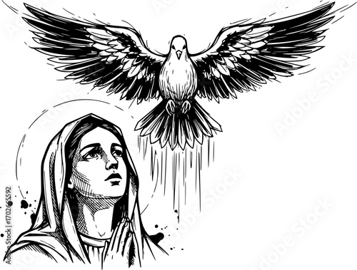 Hand drawn illustration of Virgin Mary and the Holy Spirit.
