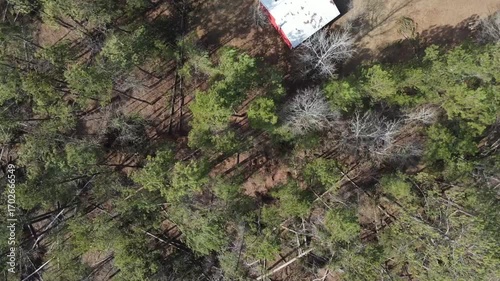 Aerial top down rural neighborhood winter after Hurricane Helene damage Appling Augusta Georgia