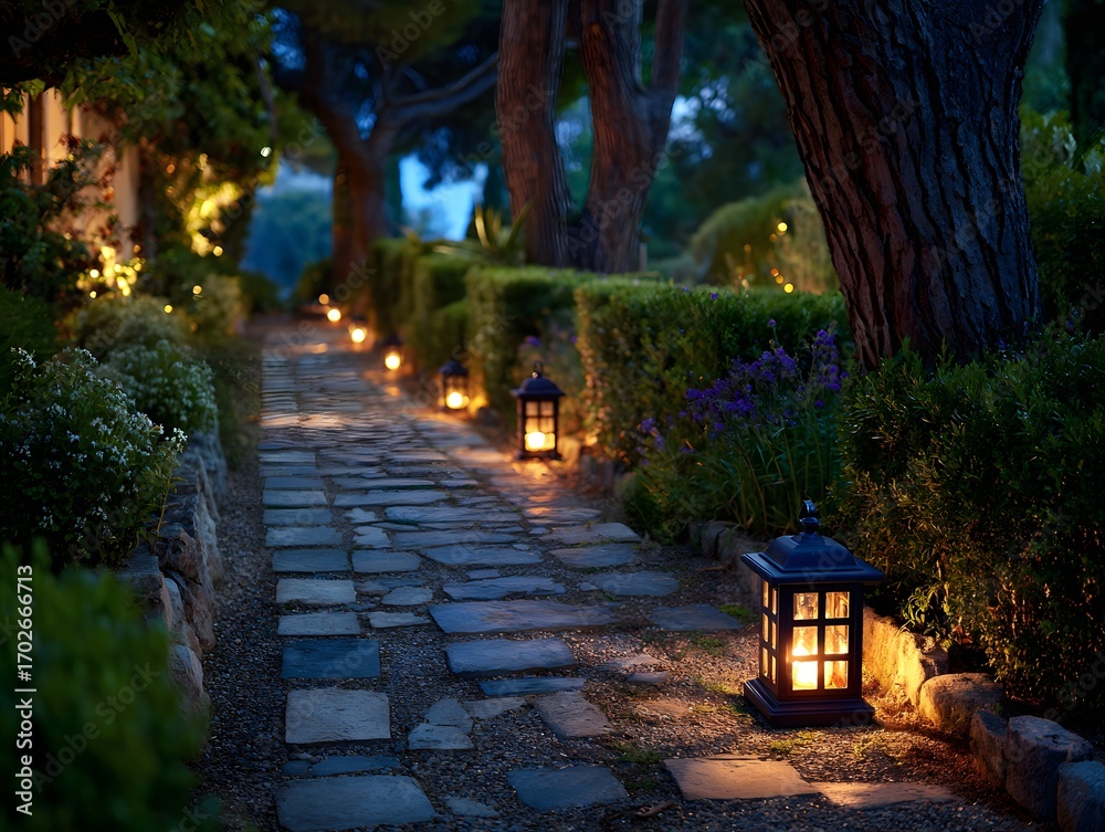 Fototapeta premium A serene garden pathway illuminated by lanterns at dusk, surrounded by lush greenery