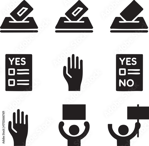 This set of black and white icons depicts various elements of voting and protest.