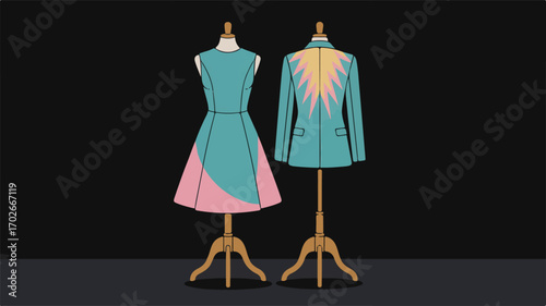 Mannequins Displaying Teal Dress and Jacket with Embellishment fashion clothing