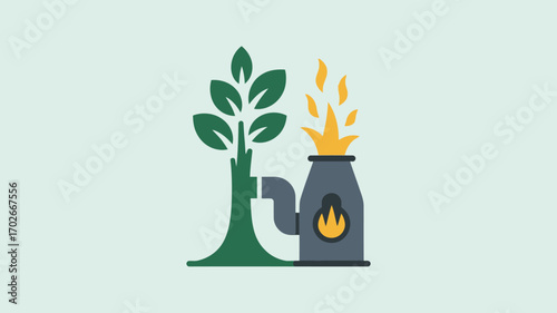 Symbolic illustration of biomass energy generation, showcasing a green tree transforming into an industrial furnace for renewable biofuel