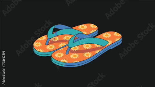 Pair of Orange Flip- Flops with Yellow Flower Pattern on Dark Gray Background flip-flops sandals