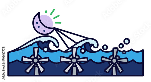 Stylized illustration of tidal power generation with underwater turbines harnessing the ocean's wave energy under a celestial symbol
