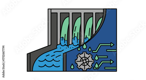 Conceptual illustration of a hydroelectric power station showing water turning a turbine to generate clean energy