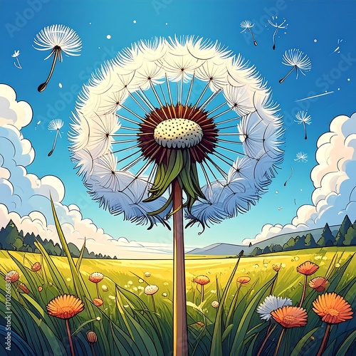 Colorful dandelion in a field