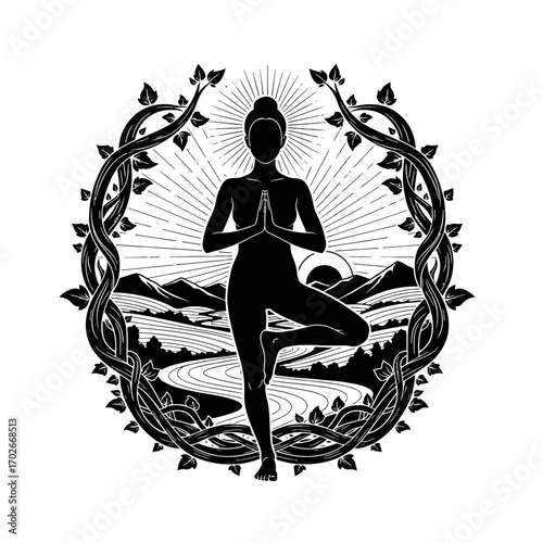 Yoga tree pose silhouette with nature landscape isolated on white background