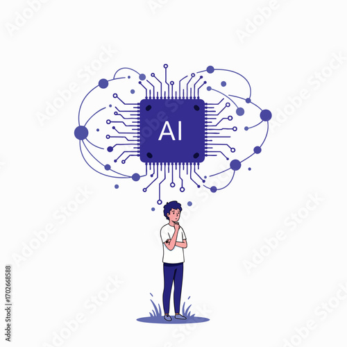 A pensive individual deeply considers the intricate concepts of artificial intelligence, visualized as a central AI chip with a sprawling neural network.