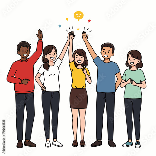A diverse group of smiling young adults celebrates a shared achievement with an enthusiastic high-five, symbolizing successful teamwork and unity.
