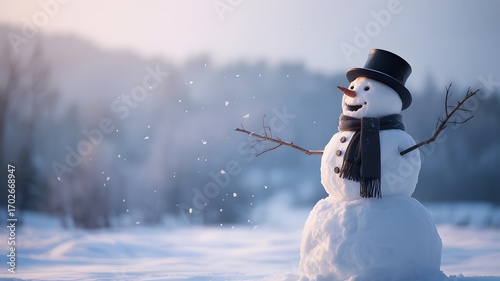 Charming snowman wearing a black top hat and scarf stands in a snowy winter landscape with soft sunlight and falling snow