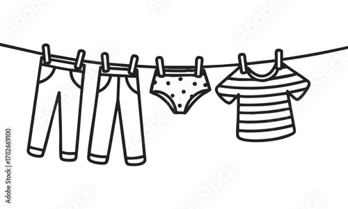 Clothes Hanging on Clothesline Illustration – Laundry and Domestic Life Vector Design