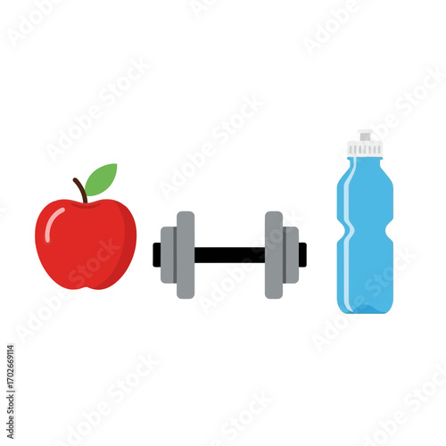 Healthy lifestyle apple dumbbell and water bottle isolated on white background silhouette
