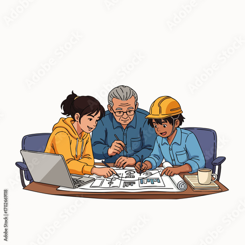 A multi-generational team of skilled designers and engineers actively engages in a collaborative planning session, meticulously examining detailed blueprints and digital models.