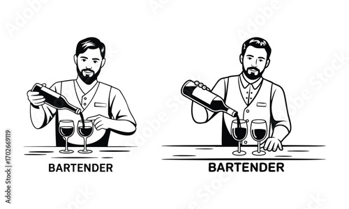 Bartender Pouring Drinks Illustration Set – Professional Bar Service Vector Design