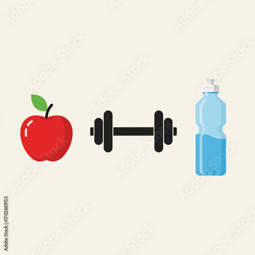 Healthy lifestyle apple dumbbell and water bottle silhouette isolated on white background