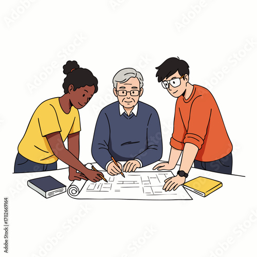 A diverse team, including an experienced mentor, collaboratively reviews an architectural blueprint, fostering shared problem-solving and innovative design.