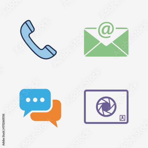 Four communication icons phone email chat camera isolated on white background silhouette