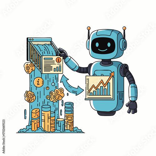 An intelligent AI robot efficiently manages digital data and financial flows, illustrating automated business processes and technological growth.
