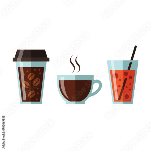 Three drinks coffee cup and soda isolated on white background silhouette