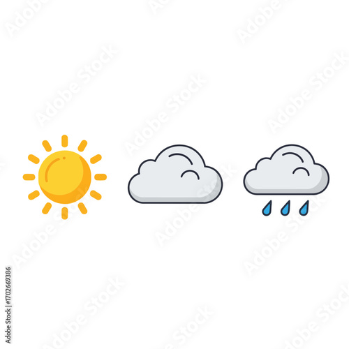 Sun and clouds with rain icons isolated on white background silhouette