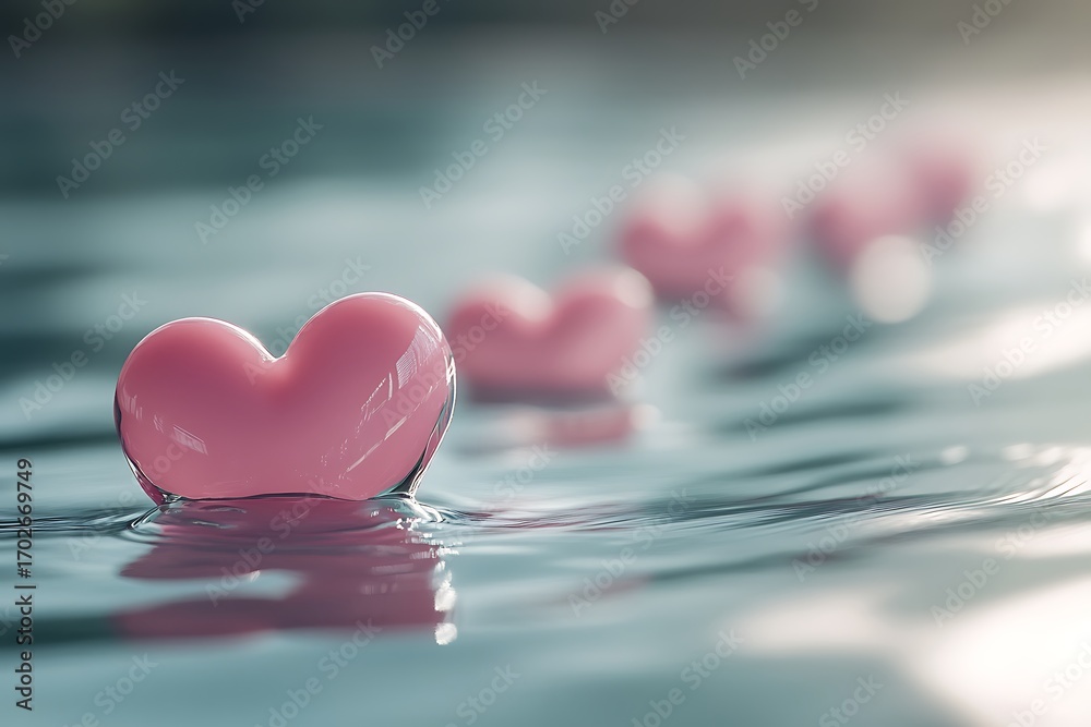 Fototapeta premium Serene Pink Hearts Floating on Tranquil Water Surface with Soft Lighting Effects