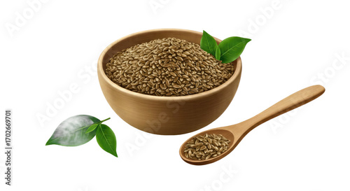 Wooden Bowl of Light Brown Grains with Wooden Spoon and Green Leaves on a Tan and Green Gradient Background: A Detailed Still Life Image Ideal for