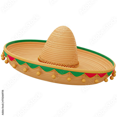 Wide Brim Straw Sombrero Hat with Green and Red Trim 3D Render on Beige Background for Fiesta Celebration Design Element
