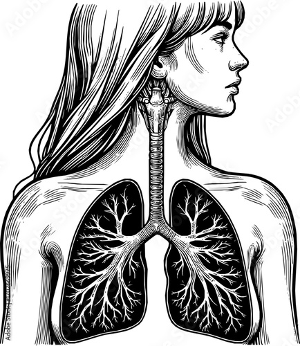Black and white vector of human lungs in anatomical line art style, simple minimalist design, isolated on white background, scalable illustration