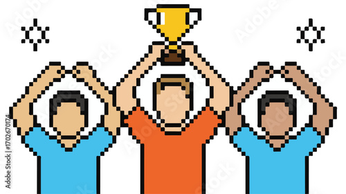Pixel Art of Three People Holding Up a Golden Trophy Together team