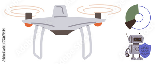 quadcopter with spinning rotors, robot holding a shield, segmented chart. Ideal for technology, innovation, AI, security, robotics analytics and data protection. Simple flat metaphor