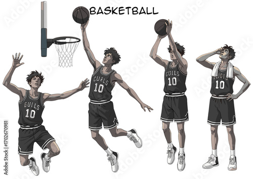 Young basketball player performing various actions on court background  