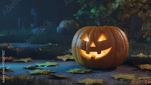 Spooky carved jack o lantern glowing with warm light on a wooden surface surrounded by fallen autumn leaves at night