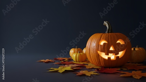 Glowing jack o lantern with autumn leaves and small pumpkins on dark background