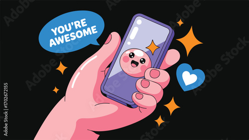Hand Holding Smartphone with Cute Character and " You're Awesome" Speech Bubble mobile