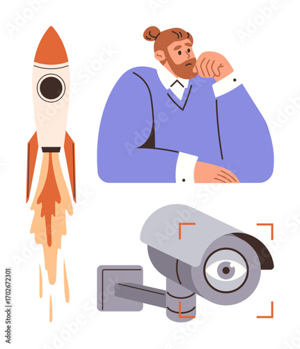 Pensive man rests chin on hand, rocket lifts off symbolizing ambition, security camera with focus box suggests monitoring. Ideal for innovation, security, entrepreneurship, technology, surveillance
