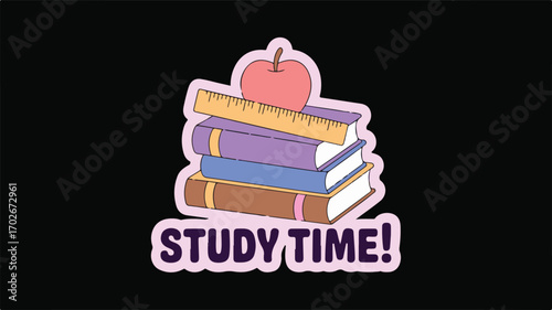 Stack of Books with Ruler and Apple and Study Time Text education learning