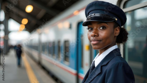 Confident African-American woman train conductor in uniform at railway station, smiling professionally. Clean background with copy space for transportation branding