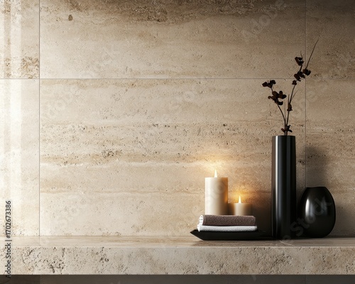 Beige stone wall decor with spa-like accents.