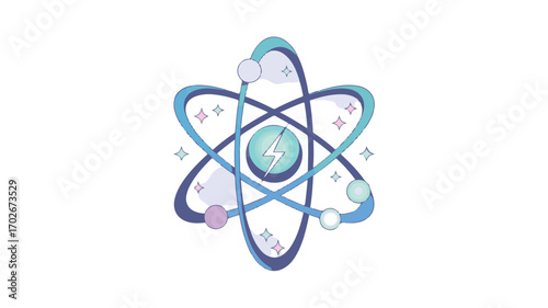 Stylized Atom Model with Orbiting Electrons and Lightning Bolt Keywords: atom, atomic, science, physics, chemistry, nucleus, electrons, orbits, orbital, model, structure