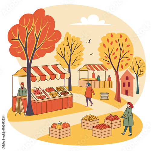 Autumn Farmers Market with Seasonal Food Vector Illustration