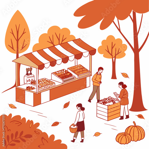 Autumn Farmers Market with Seasonal Food Vector Illustration
