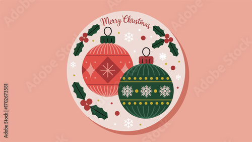 Merry Christmas Baubles with Holly and Snowflakes on Pink Background holiday festive