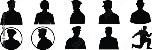 Vector illustration of various silhouettes of police officers, perfect for law enforcement, public service, and justice-related designs.