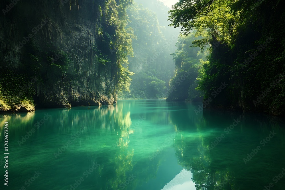 Obraz premium Verdant Cliffs Reflecting in Tranquil Waterscape with Lush Greenery and Sunlit Mist